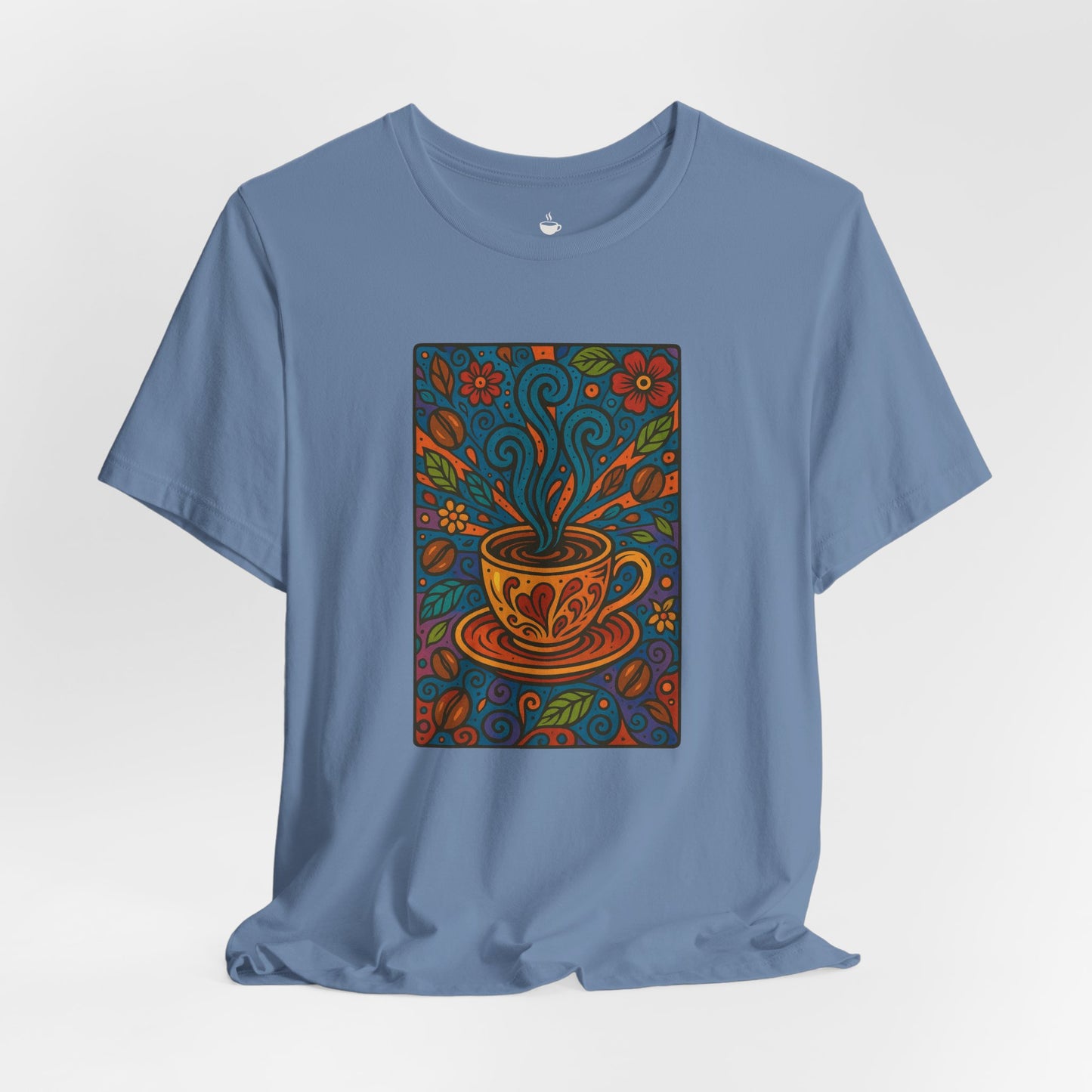 Colorful Coffee Mug with Blue Steam and Coffee Beans