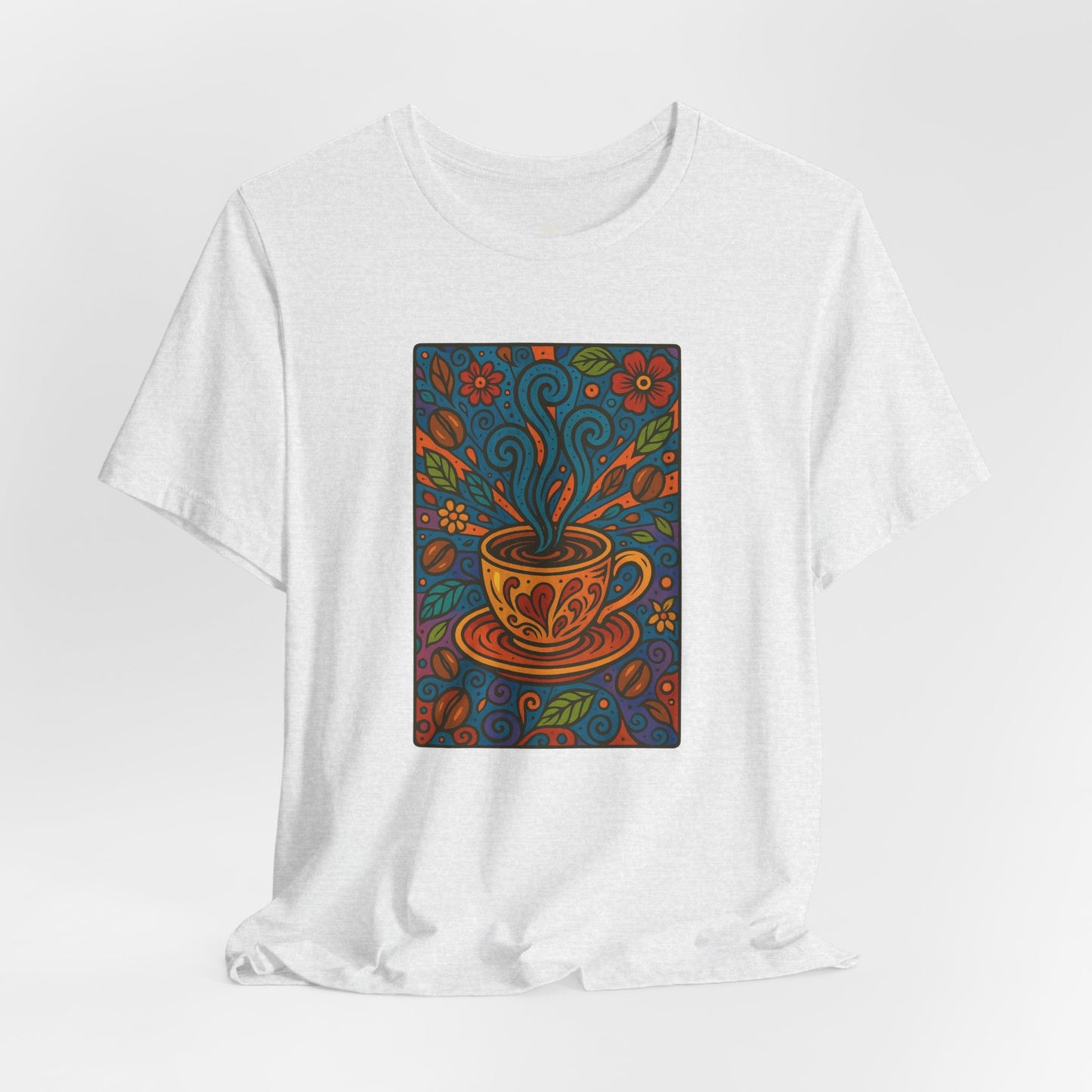Colorful Coffee Mug with Blue Steam and Coffee Beans