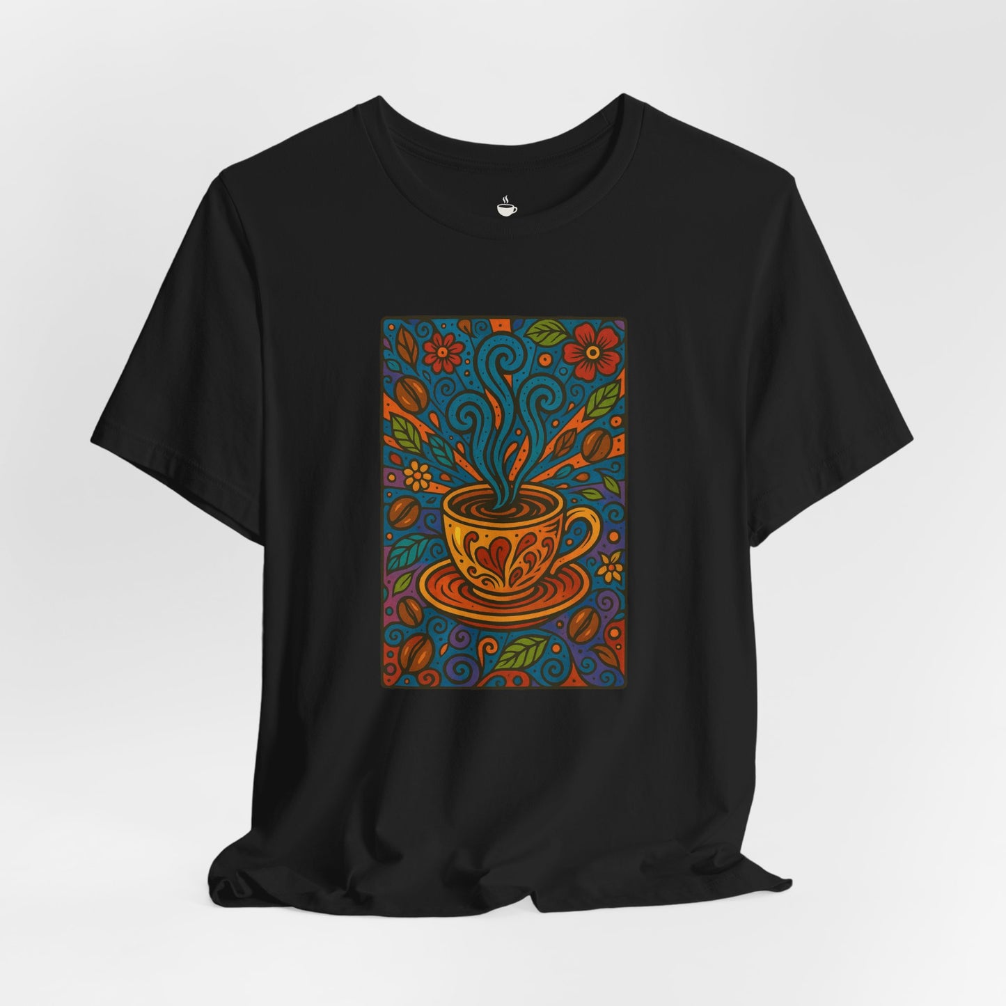 Colorful Coffee Mug with Blue Steam and Coffee Beans