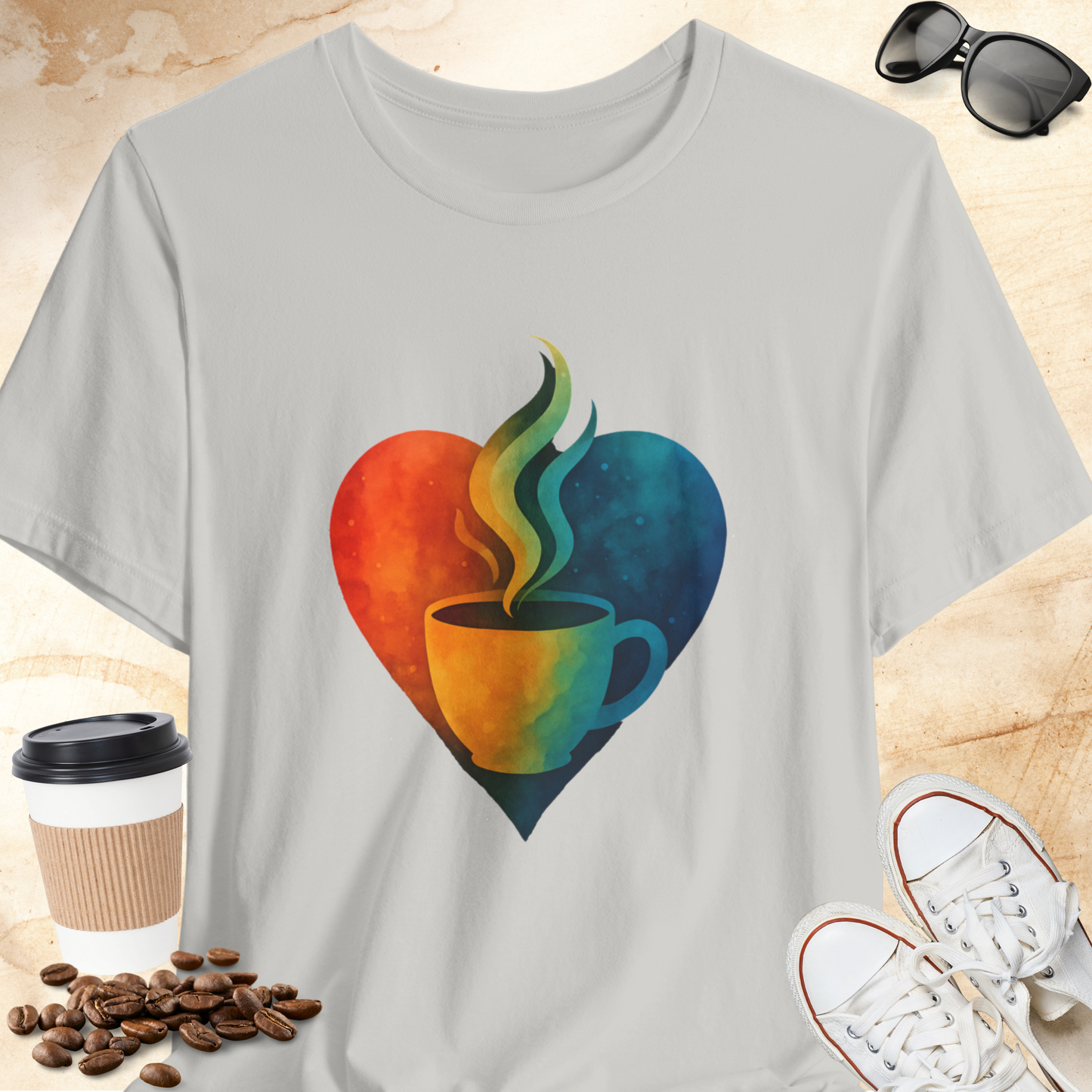 Colorful Heart with Steaming Coffee Cup