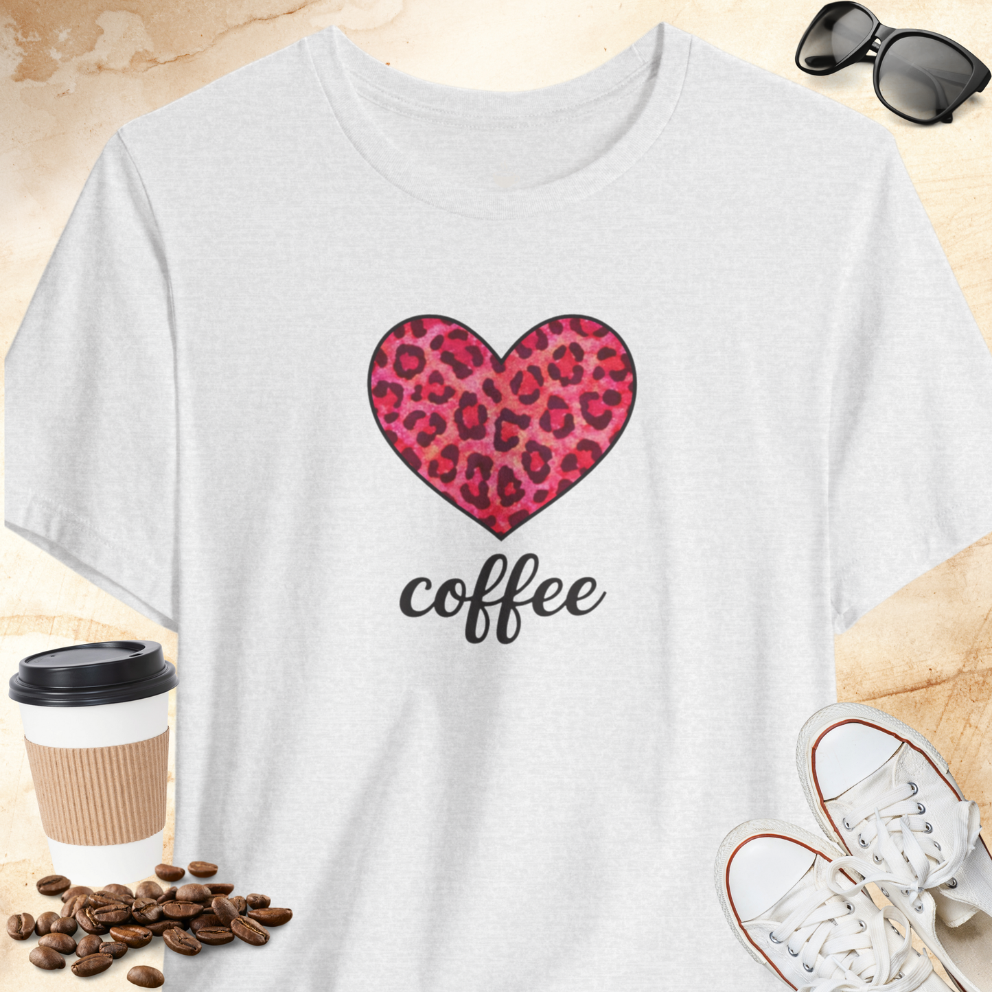 Pink Leopard Print Heart Coffee T-shirt