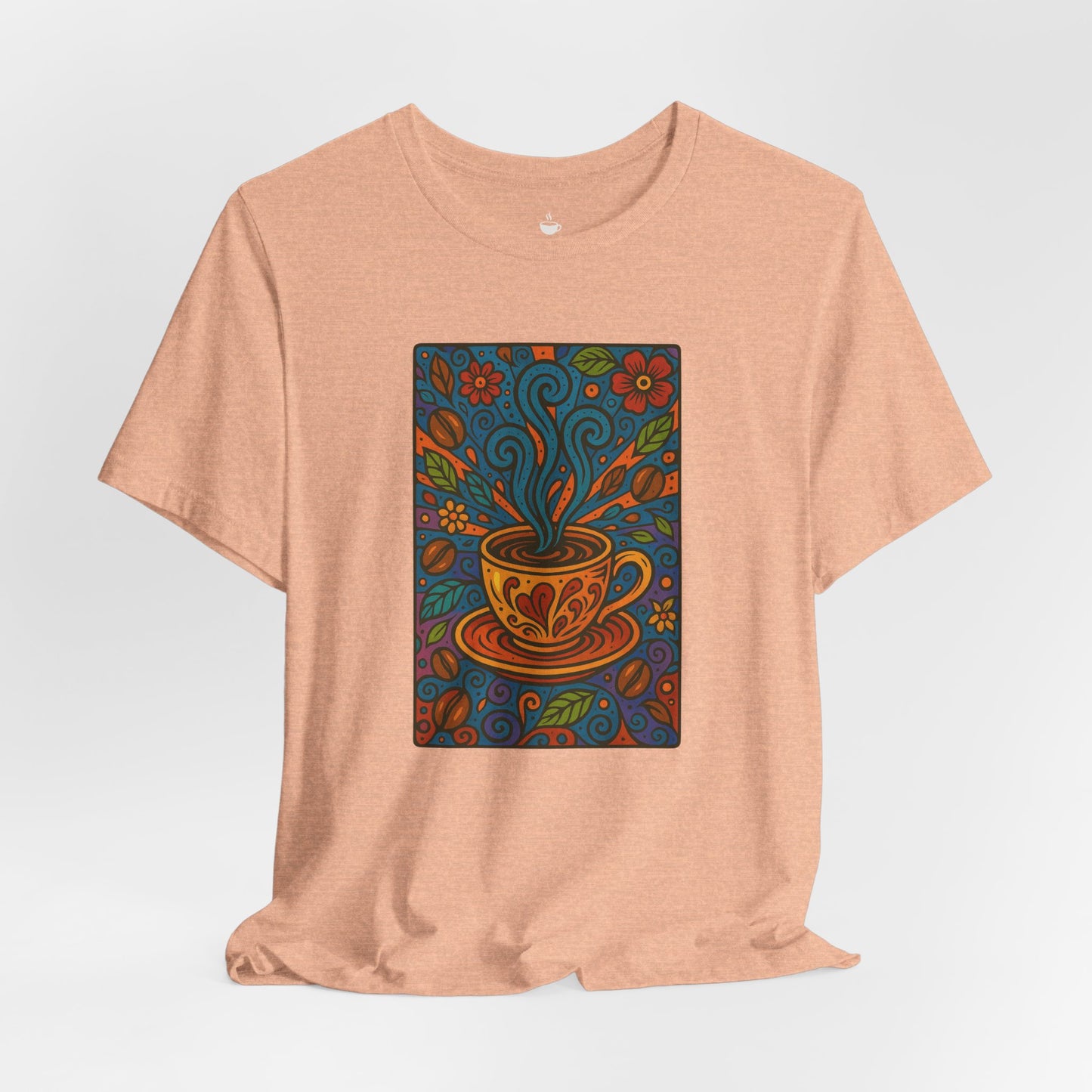 Colorful Coffee Mug with Blue Steam and Coffee Beans