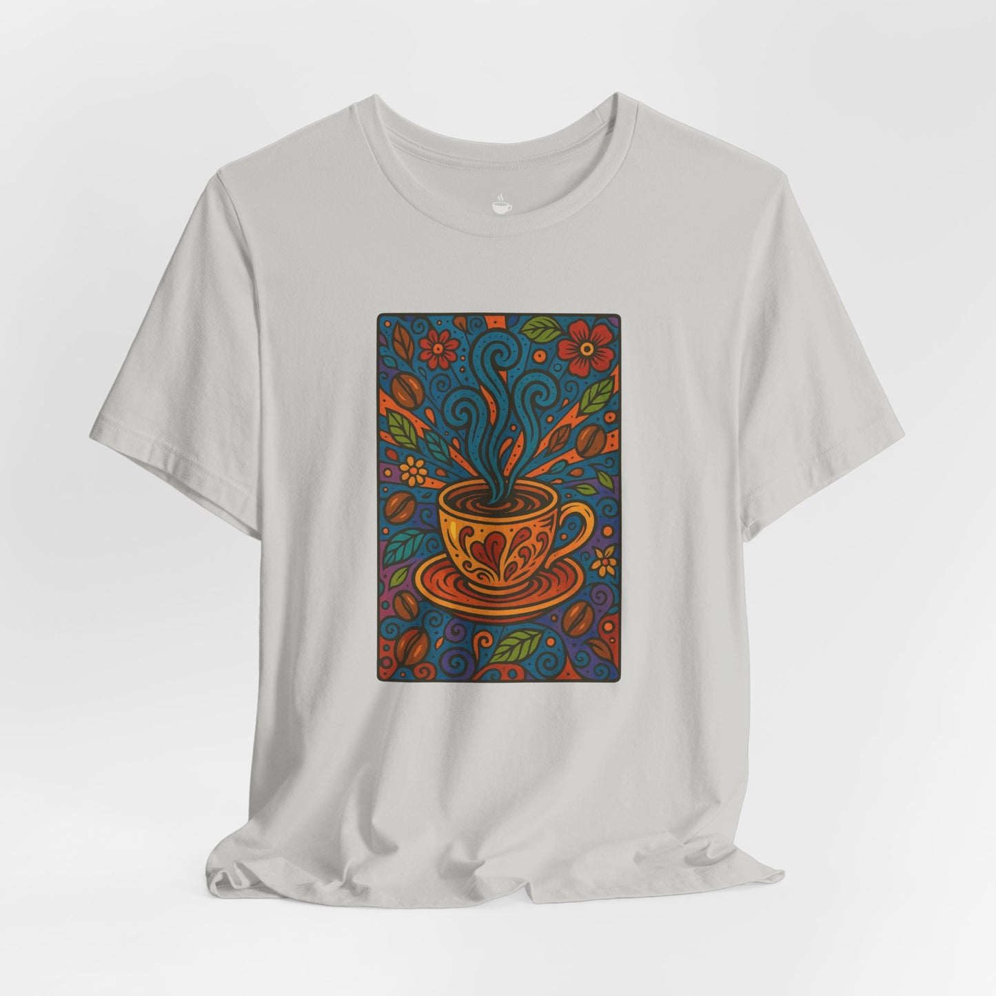 Colorful Coffee Mug with Blue Steam and Coffee Beans