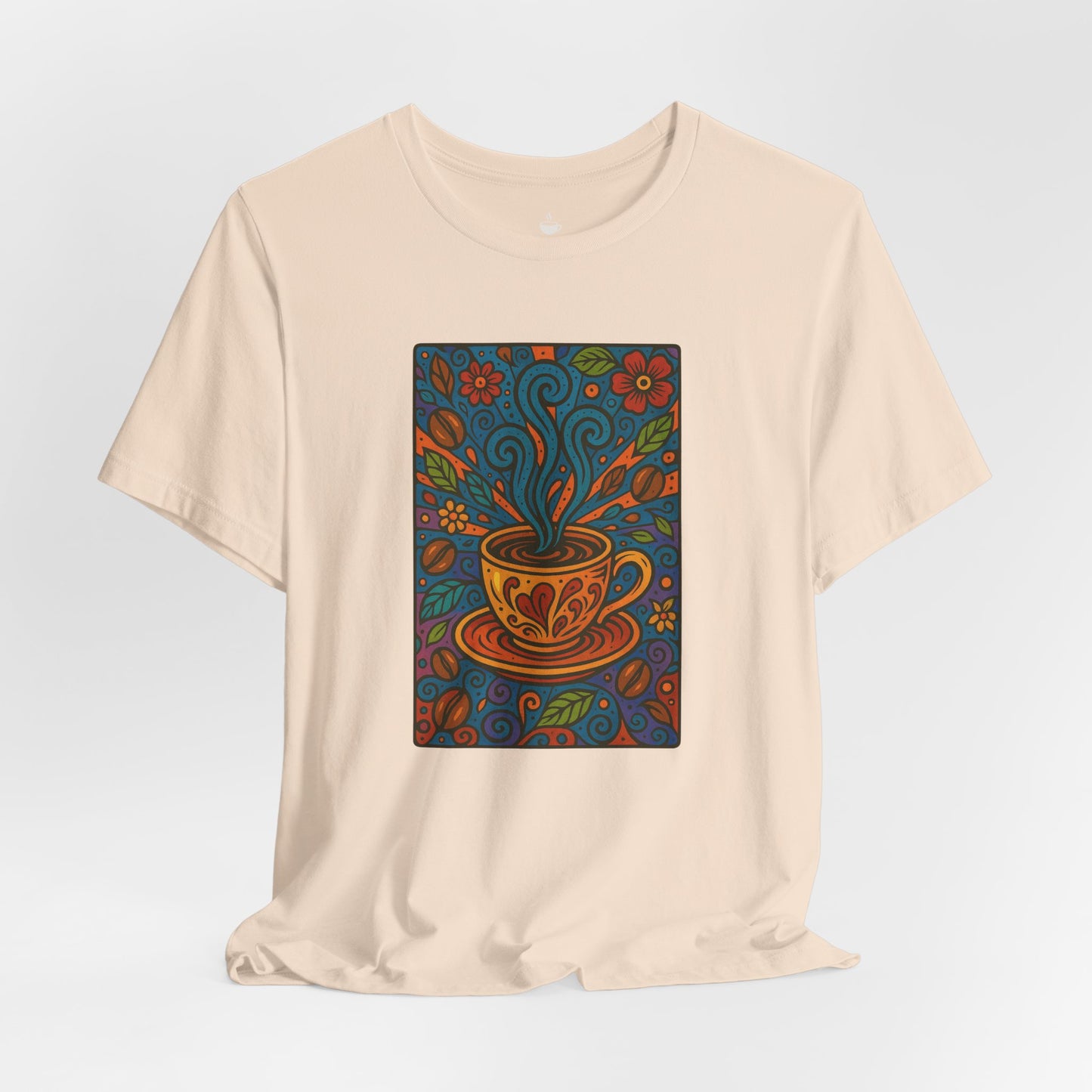 Colorful Coffee Mug with Blue Steam and Coffee Beans