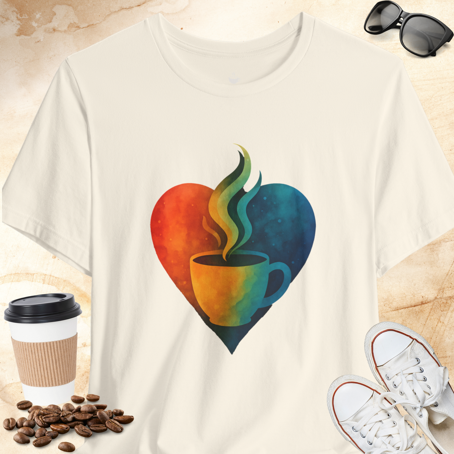 Colorful Heart with Steaming Coffee Cup
