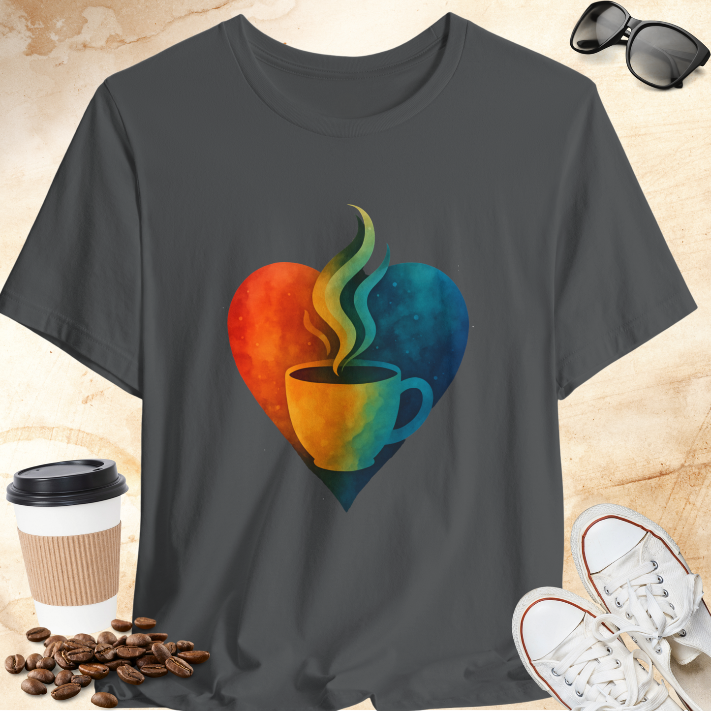 Colorful Heart with Steaming Coffee Cup