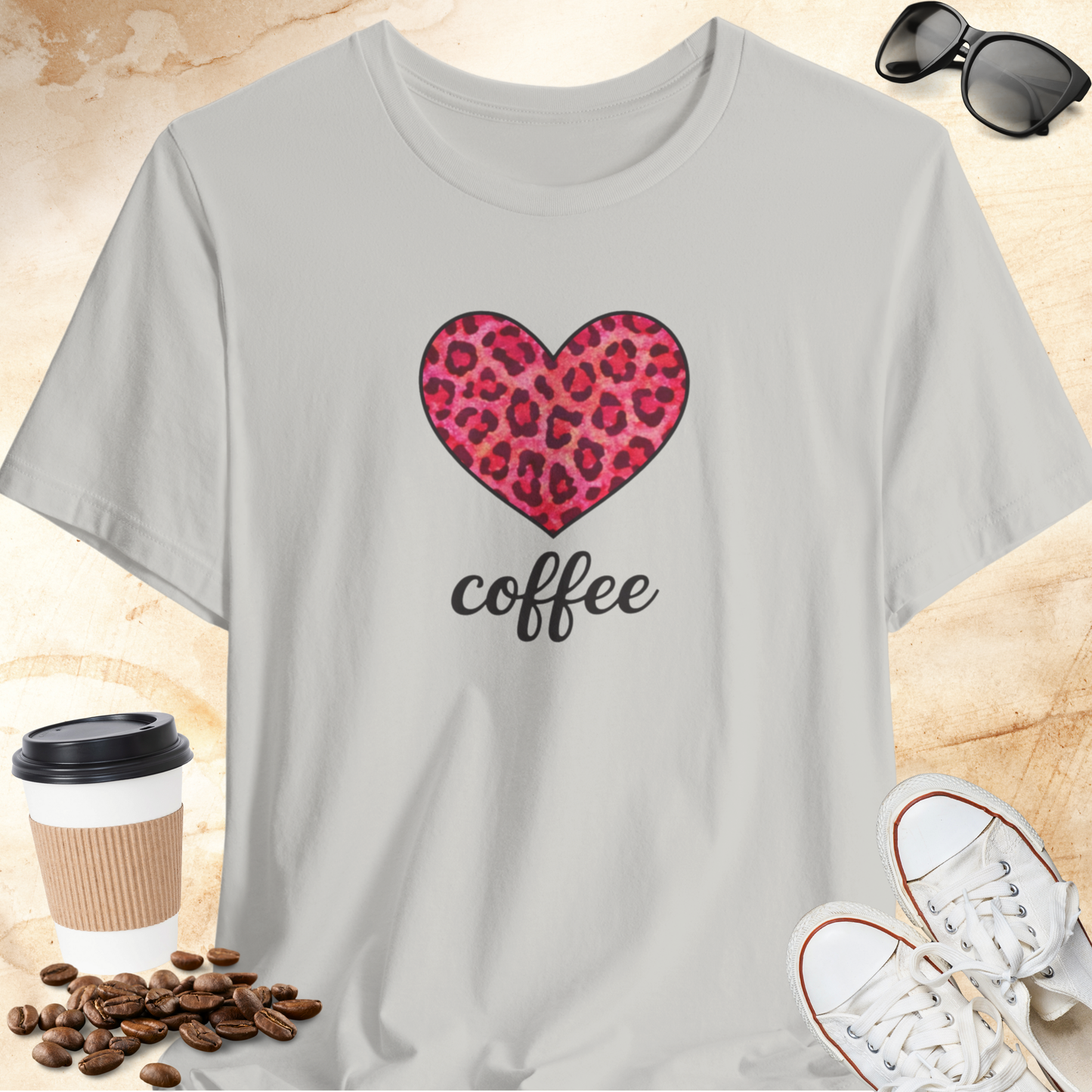 Pink Leopard Print Heart Coffee T-shirt