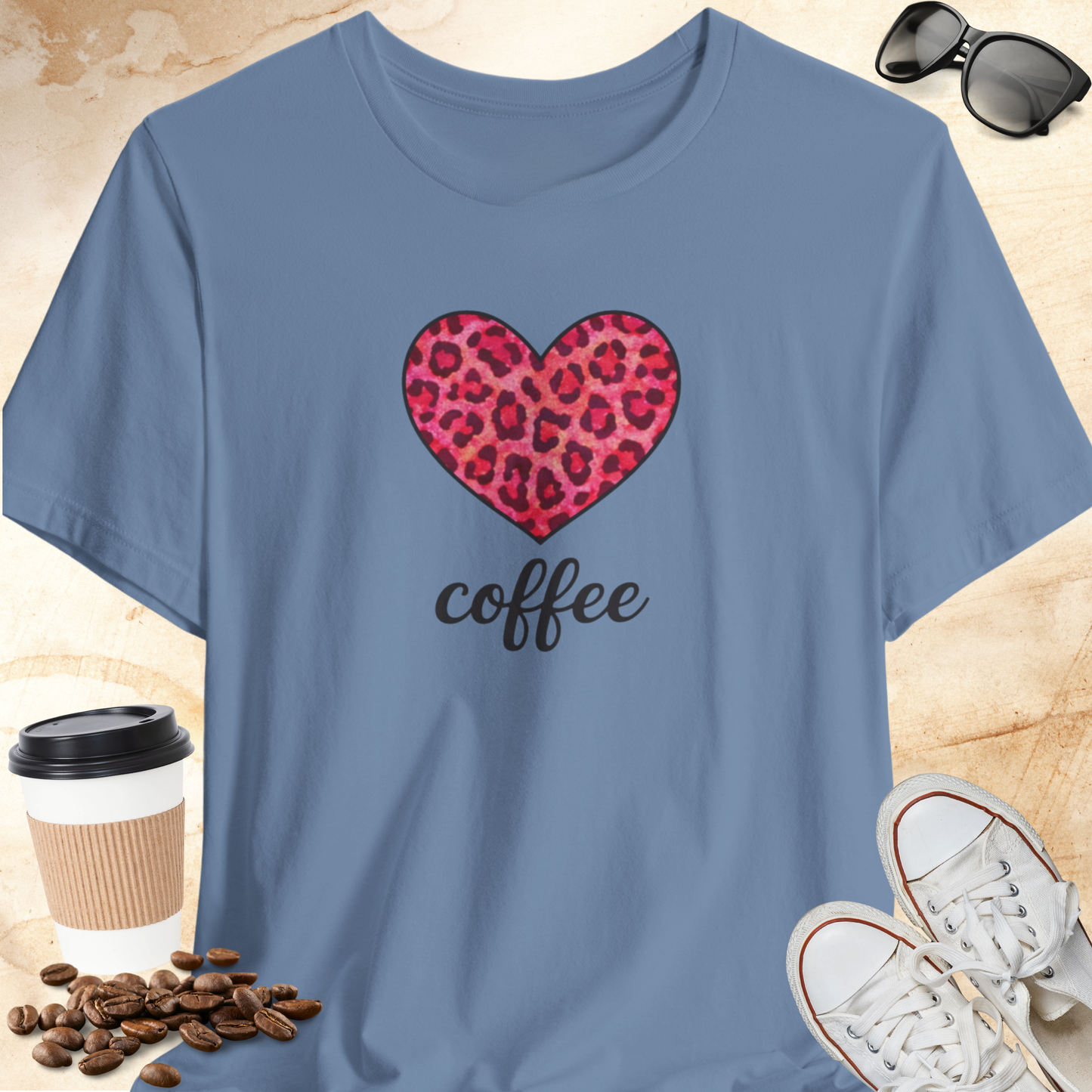 Pink Leopard Print Heart Coffee T-shirt