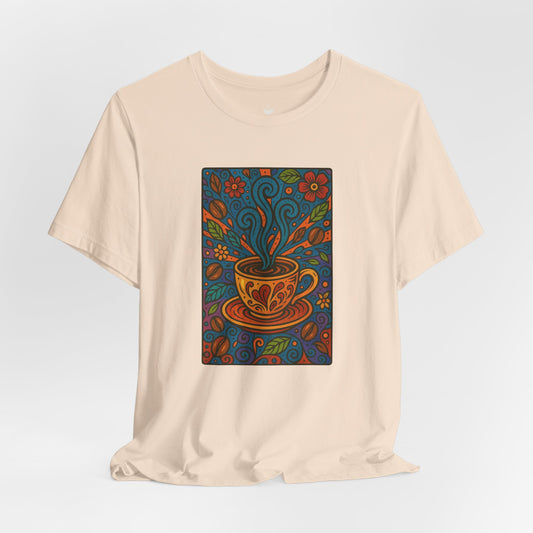 Colorful Coffee Mug with Blue Steam and Coffee Beans